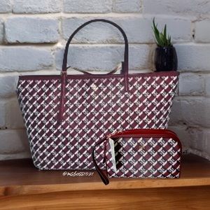 Tory Burch Geo Logo Large Zip Tote + Wristlet in Crimson Red BRAND NEW W/TAGS